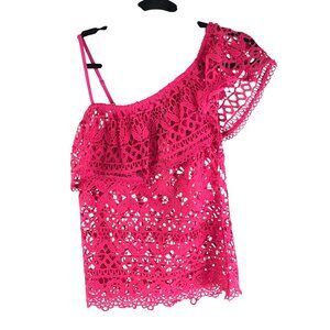 Lulumari Womens Top One Shoulder Crochet Sheer Ruffle Pink M